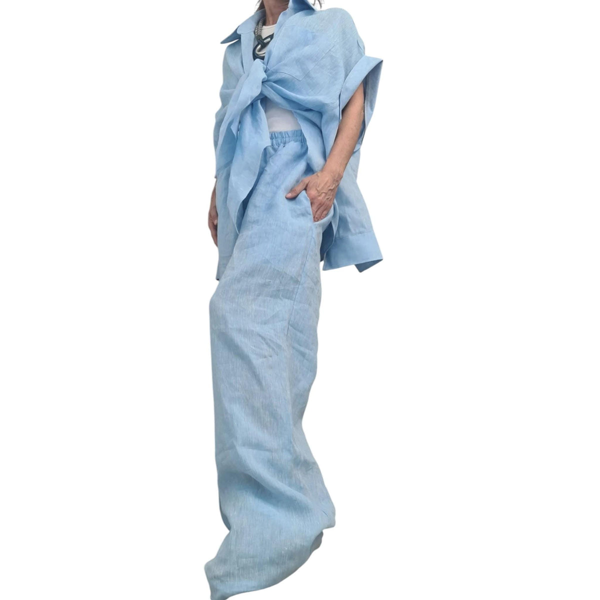 Linen Set Women, Baby Blue Wide Leg Pants, Asymmetric Shirt, Loose Summer Outfit