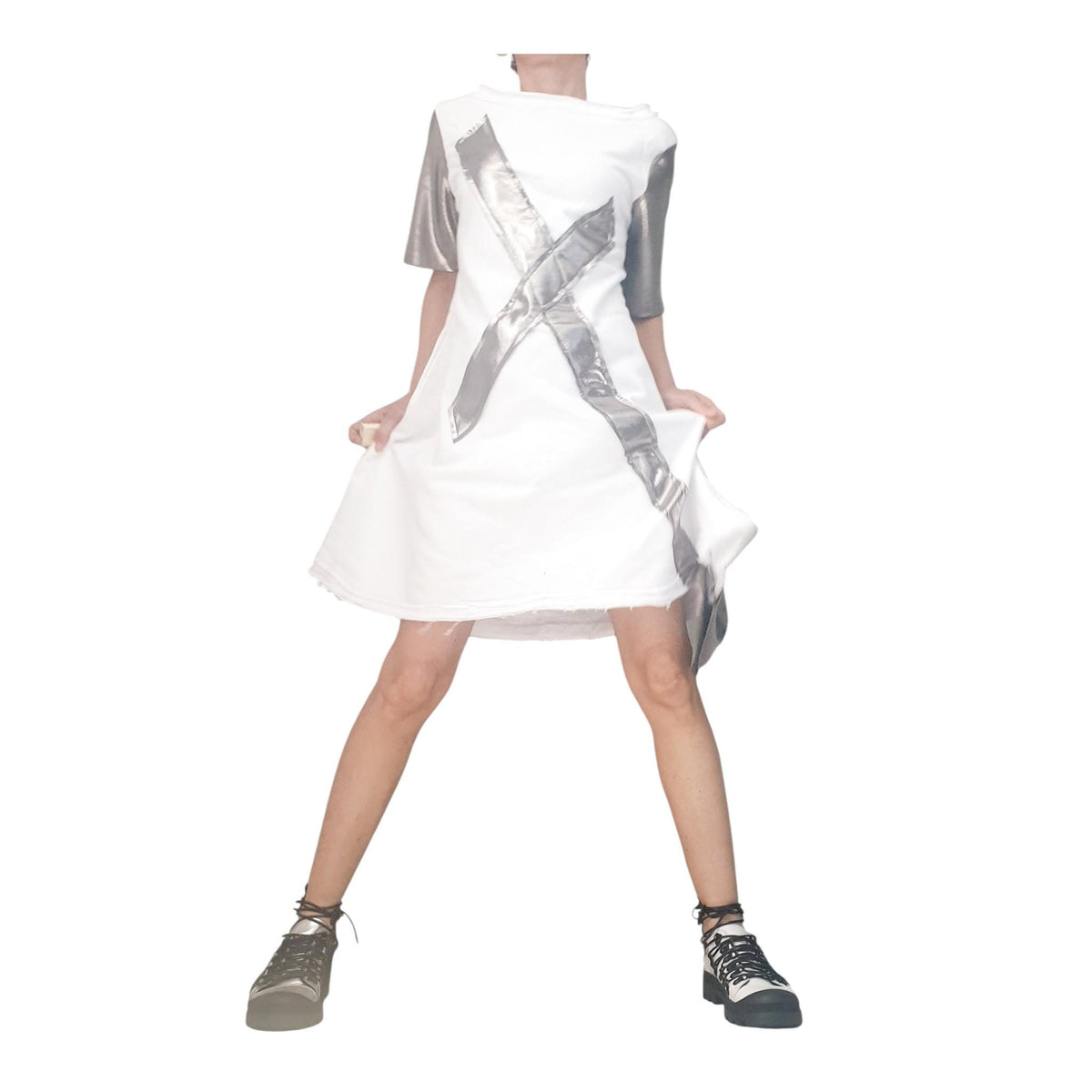 White Silver Cotton Tunic, Dress Silver Elements A Line Short Sleeve Women