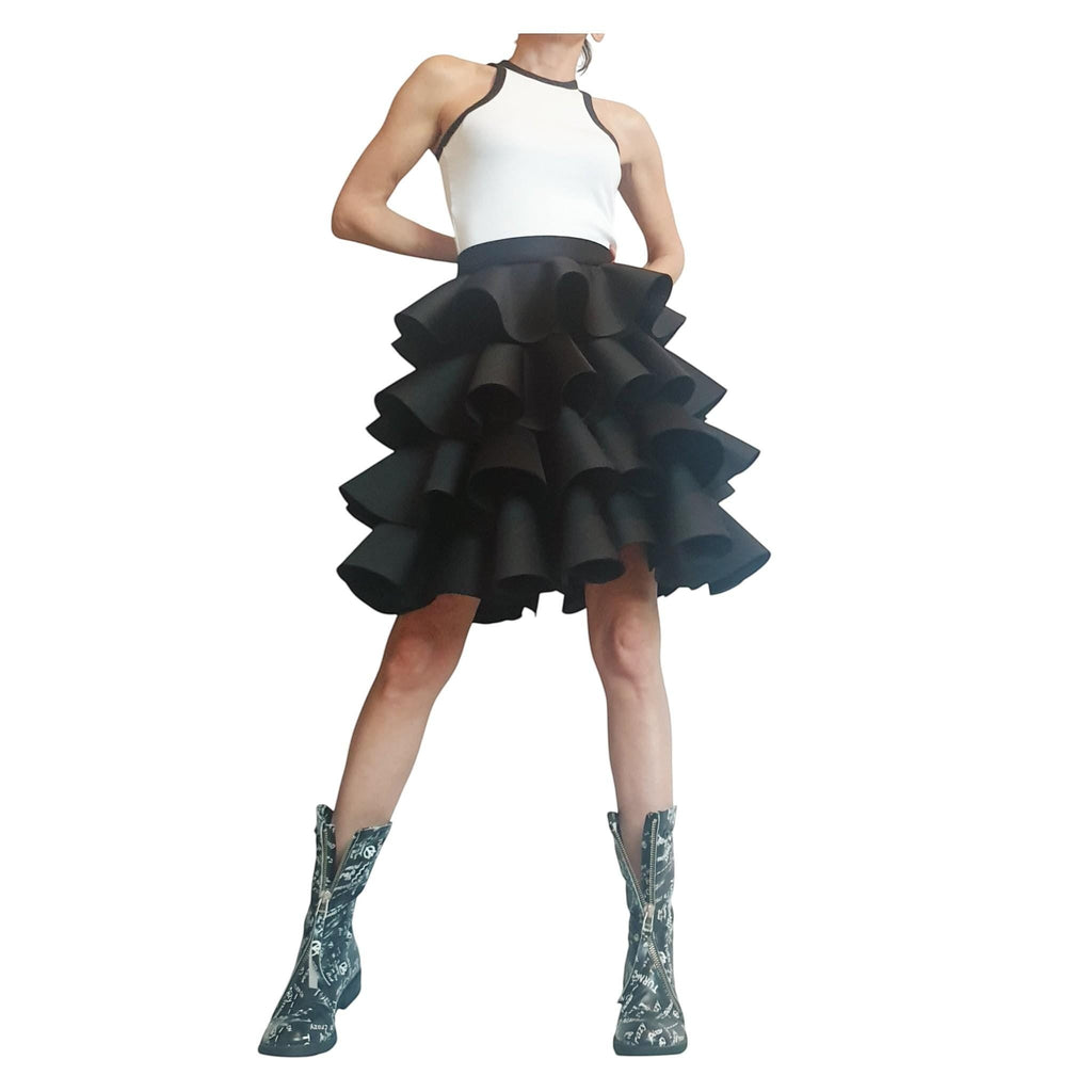 dreSSShoescode black neoprene and polyester ruffled circle skirt with a high waist and asymmetric hemline.