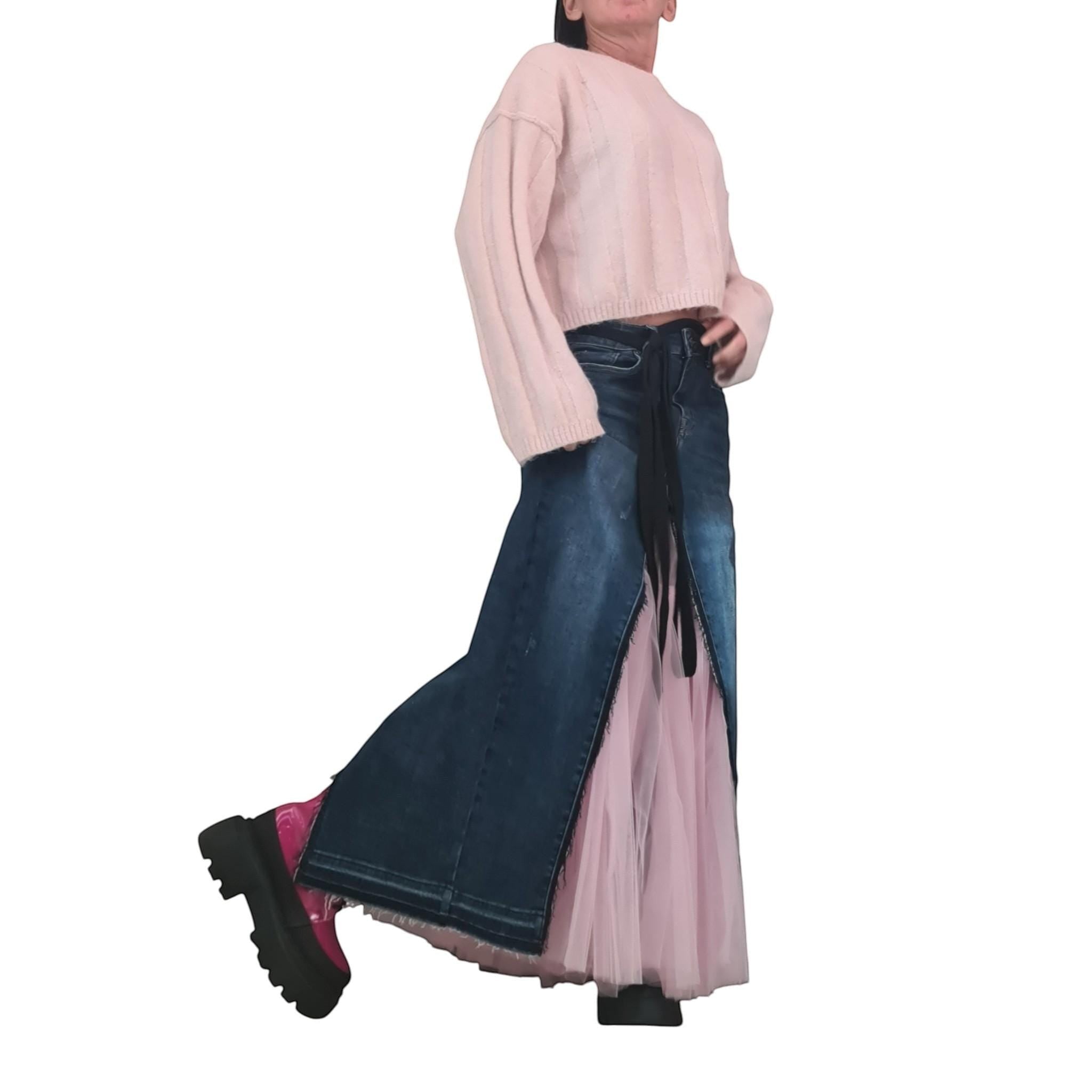 dreSSShoescode blue denim maxi skirt with pink tulle insert, deconstructed cut, front slit, and relaxed fit.