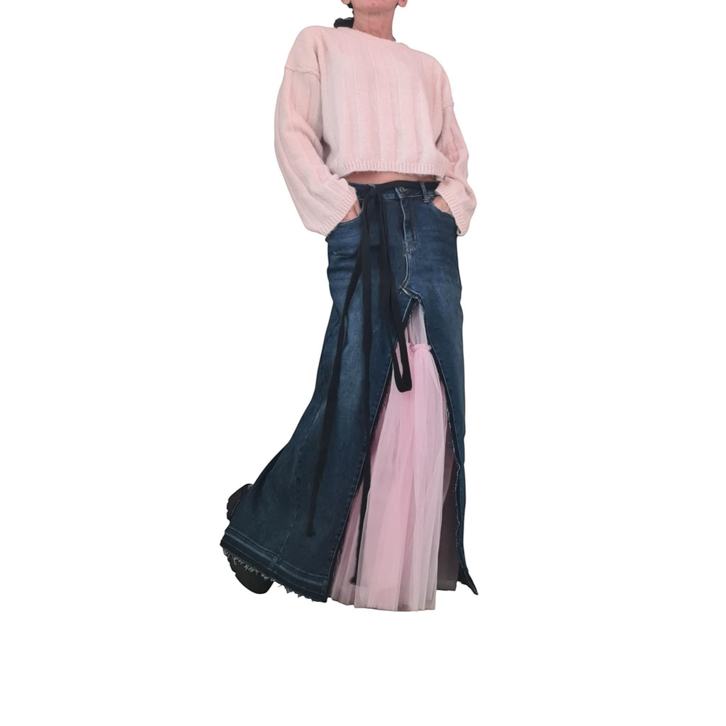 dreSSShoescode blue deconstructed denim maxi skirt with pink tulle insert and front slit