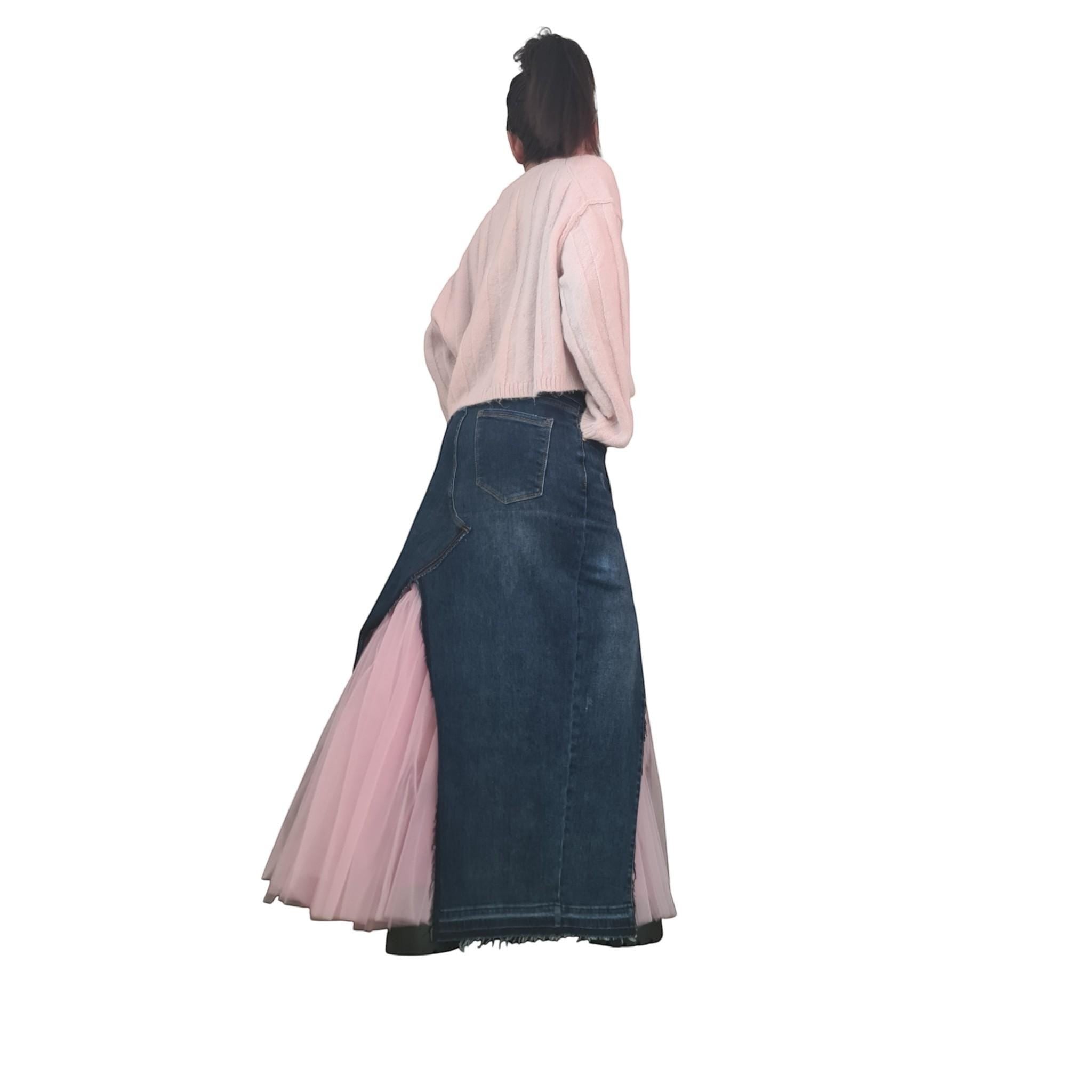 dreSSShoescode blue denim maxi skirt with pink tulle insert, deconstructed cut, front slit, and frayed hem.