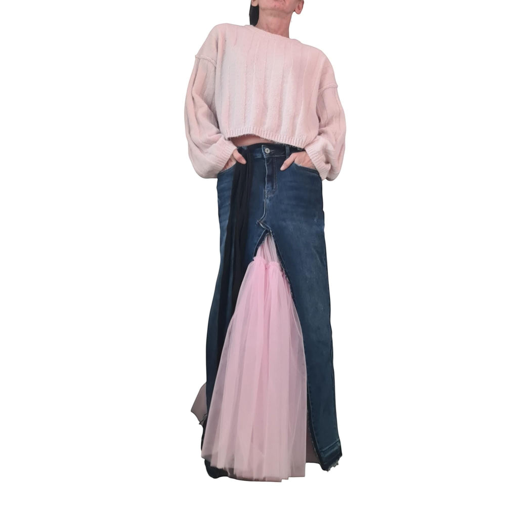 dreSSShoescode Blue denim maxi skirt with pink tulle insert, deconstructed cut, front slit, and regular waist.
