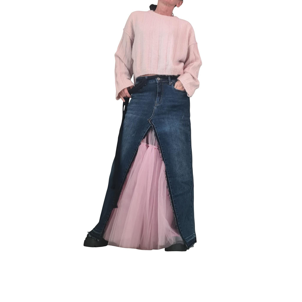 dreSSShoescode blue denim maxi skirt with pink tulle insert, deconstructed cut, front slit, and frayed hem.