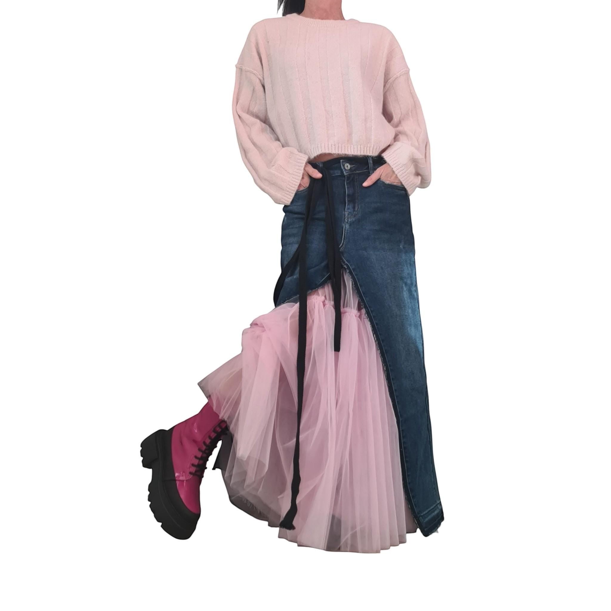 dreSSShoescode blue denim maxi skirt with pink tulle insert, deconstructed cut, front slit, and drawstring detail.