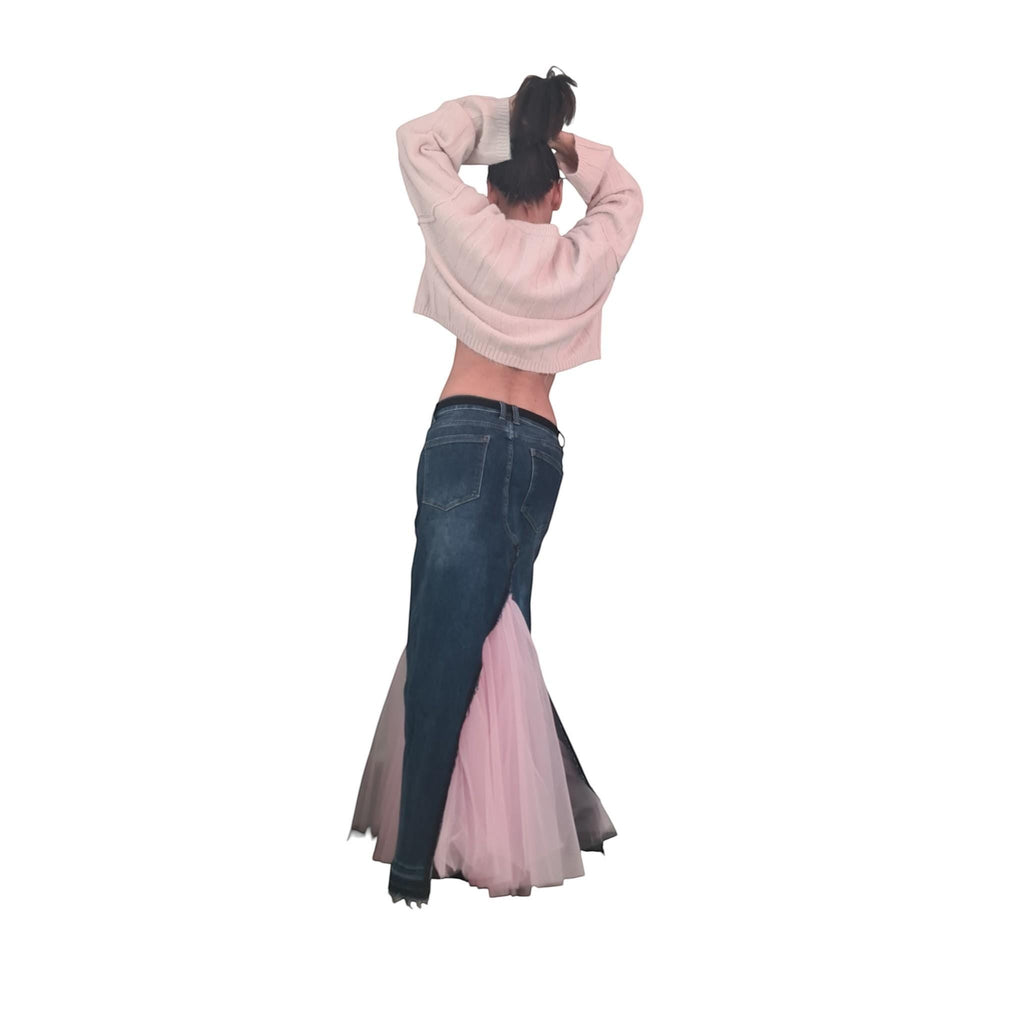 dreSSShoescode blue denim maxi skirt with pink tulle insert, deconstructed design, front slit, and button closure.