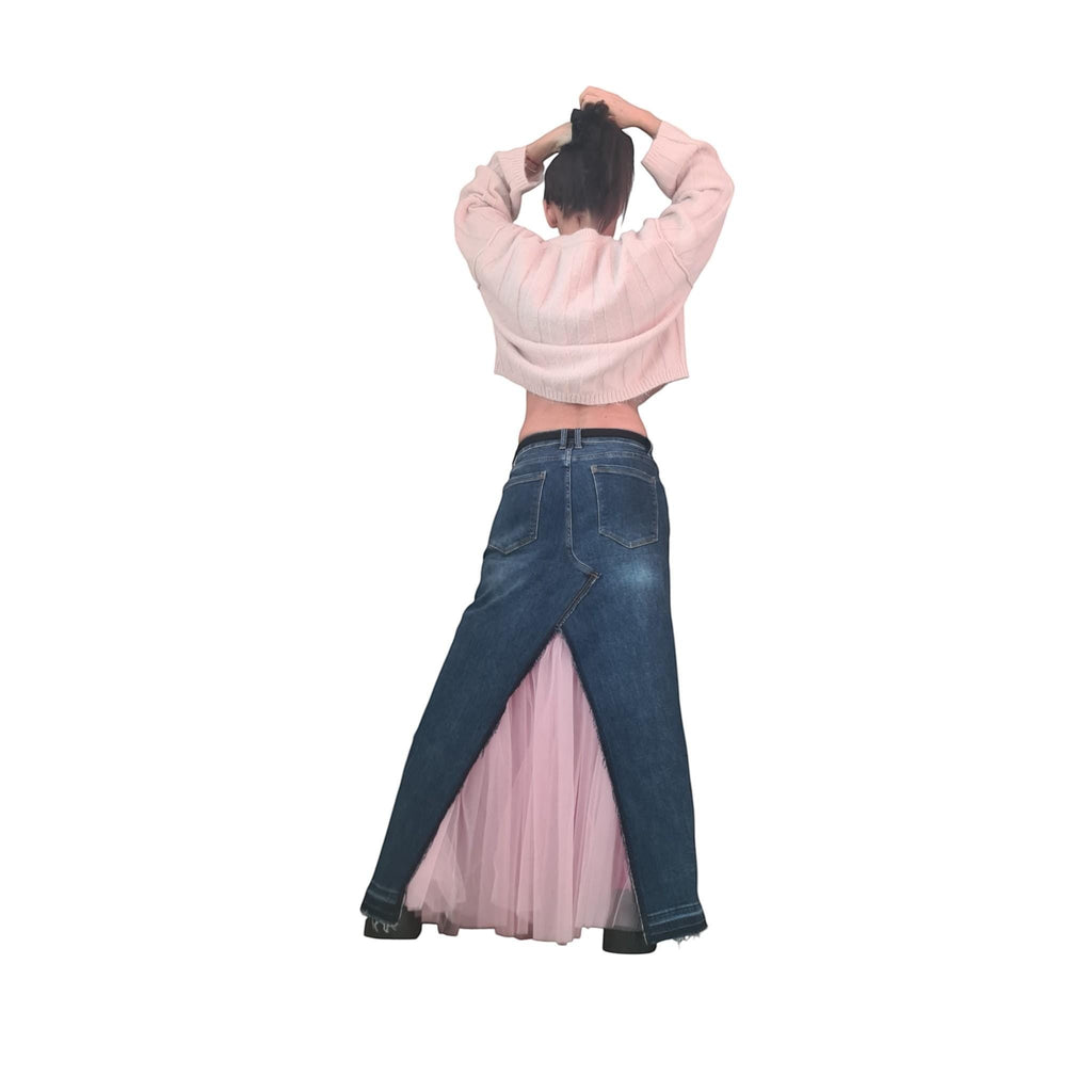dreSSShoescode blue denim maxi skirt with pink tulle insert, deconstructed cut, front slit, and relaxed fit.
