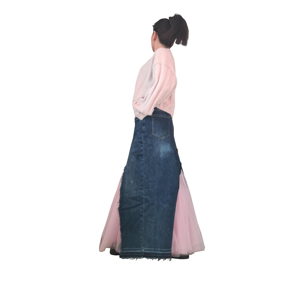 dreSSShoescode blue deconstructed denim maxi skirt with pink tulle reveal, front slit, and frayed hem.