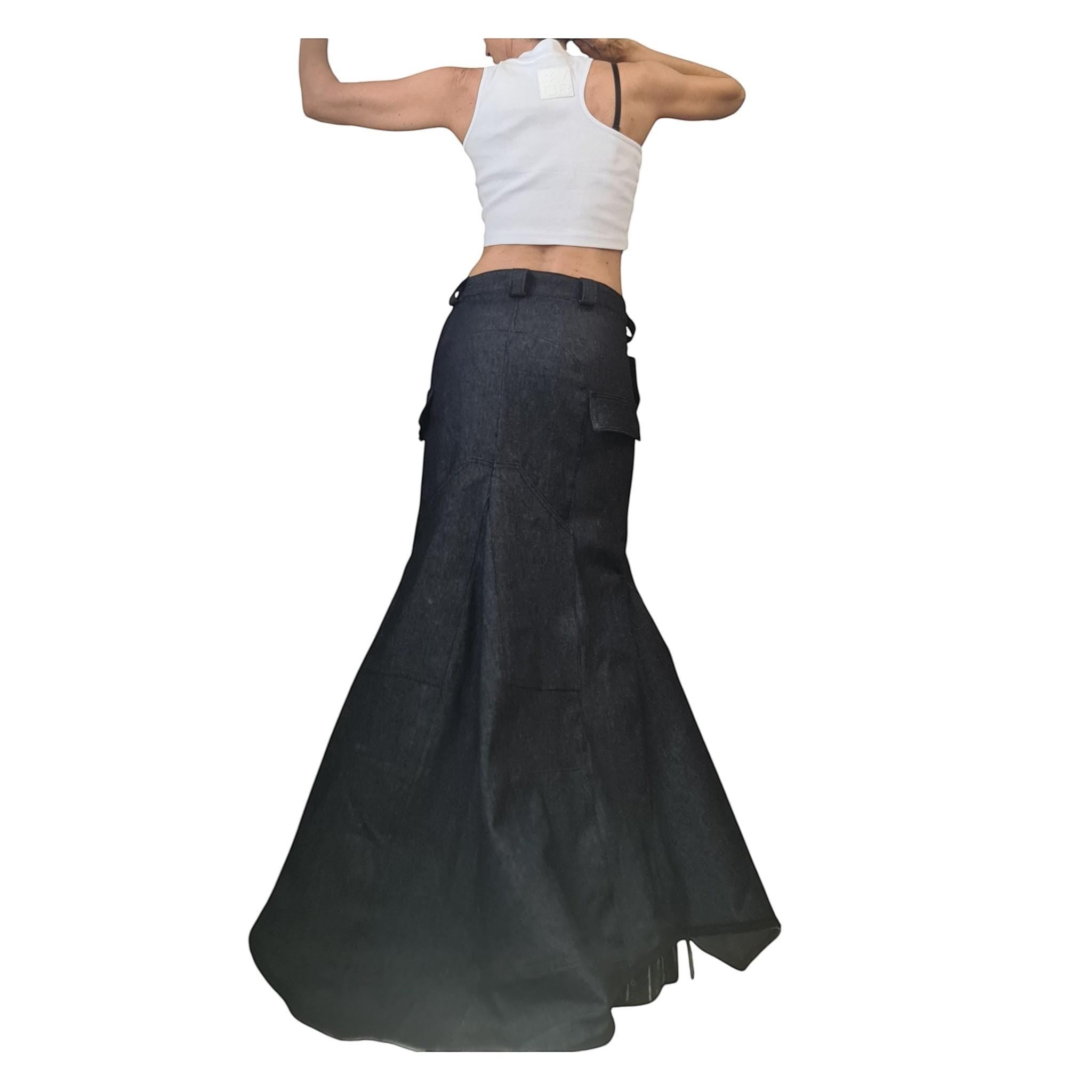dreSSShoescode dark wash denim maxi skirt with cargo pockets and a flared hem, gothic style