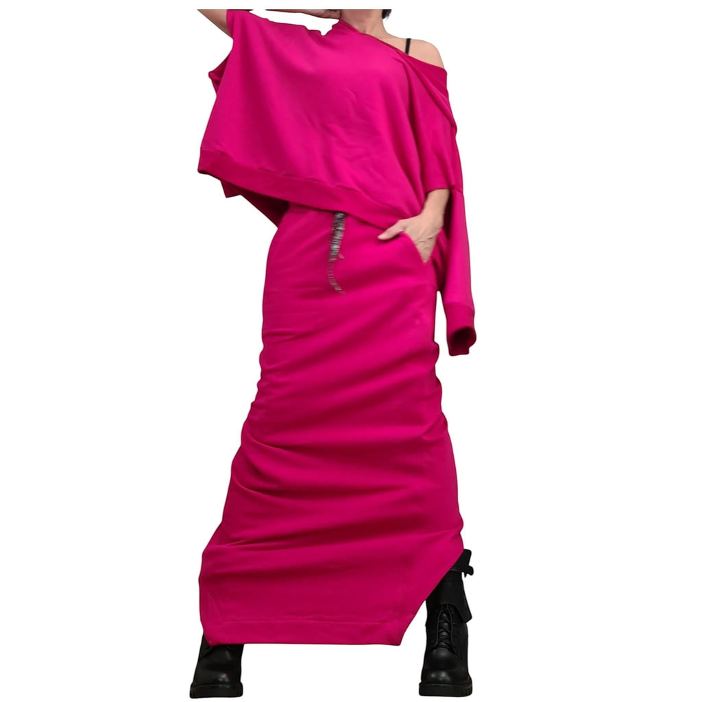 dreSSShoescode hot pink cotton blend asymmetric maxi skirt with long slit and decorative zipper detail