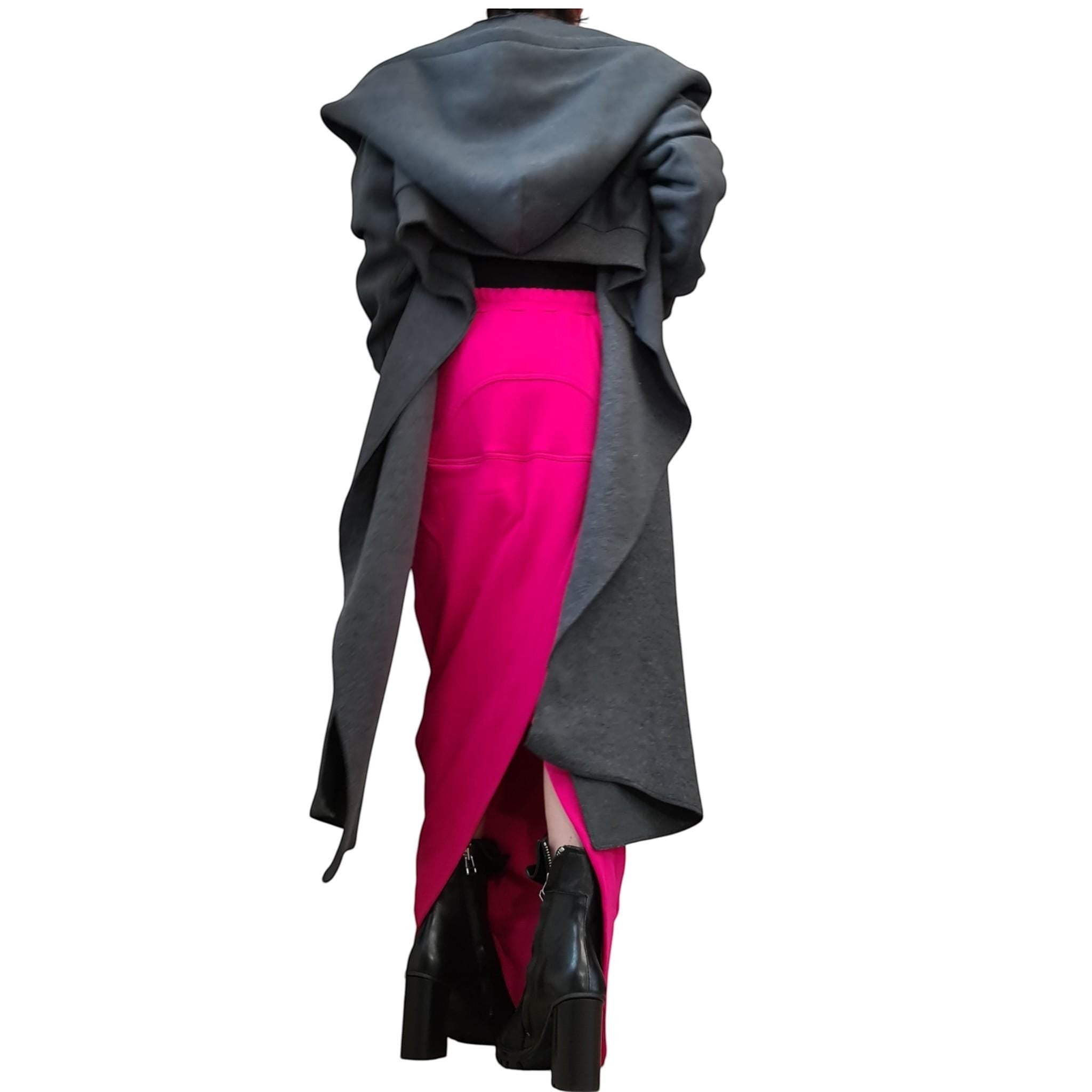 dreSSShoescode hot pink cotton blend A-line maxi skirt with a high slit and grey hooded coat
