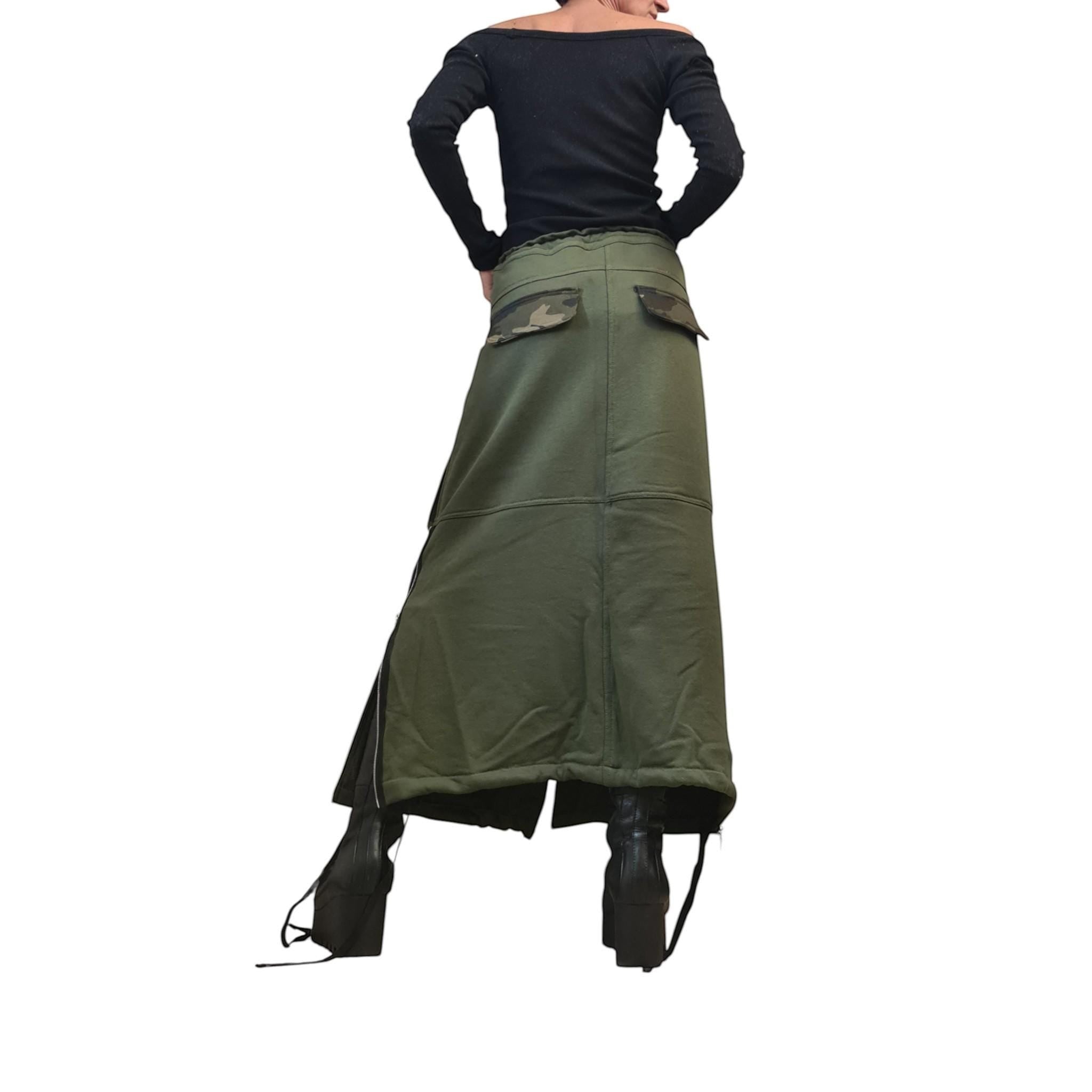 dreSSShoescode olive green maxi skirt with camouflage cargo pockets and front zipper detail