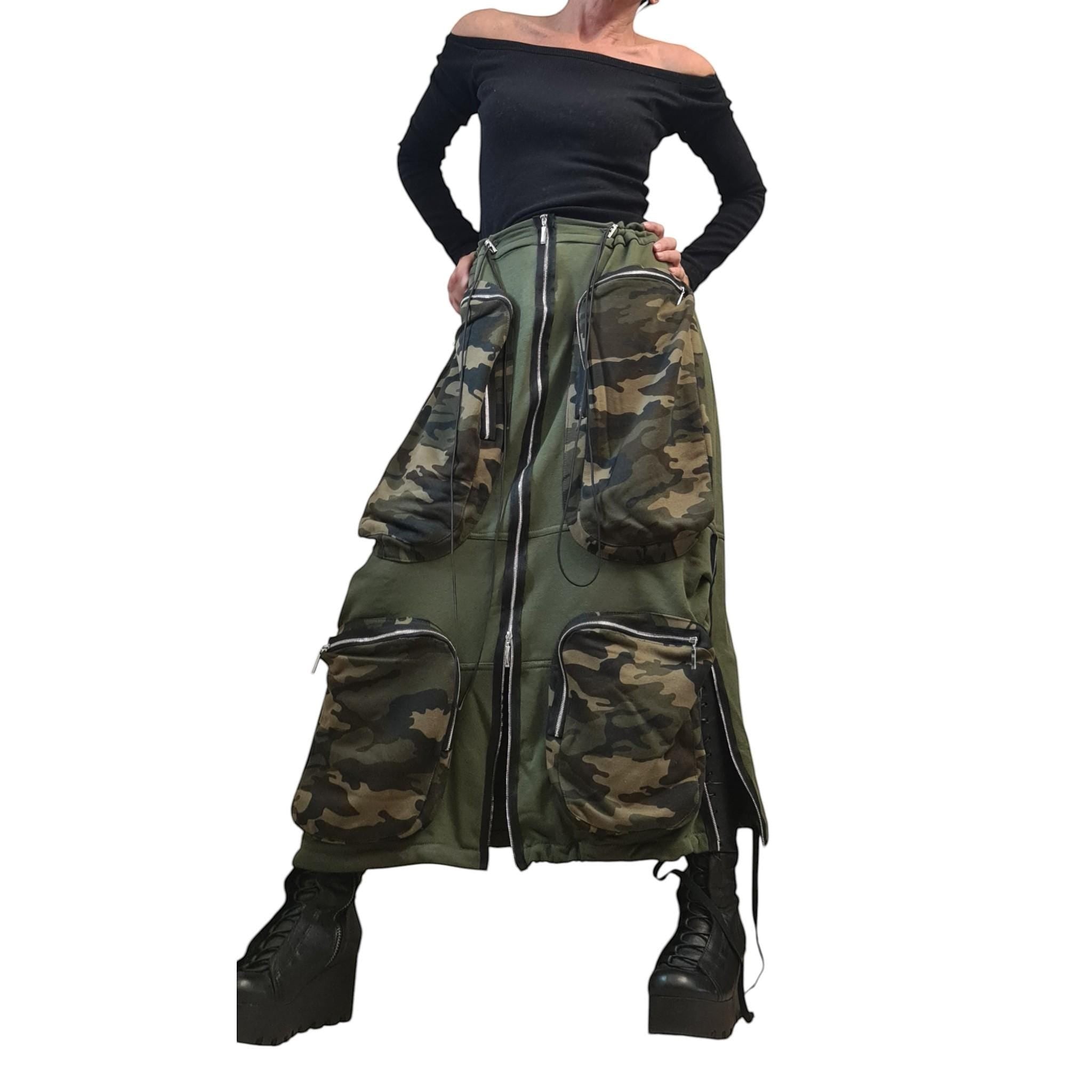 dreSSShoescode olive green maxi skirt with camouflage cargo pockets and front zipper detail