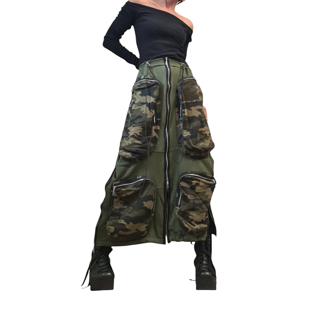 dreSSShoescode olive green maxi cargo skirt with camouflage pockets and front zipper, cotton canvas