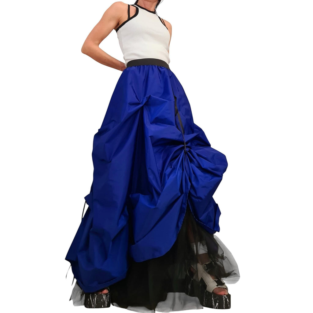 dreSSShoescode royal blue asymmetric tulle ball skirt with black underskirt, cinched waist, and dramatic ruching.