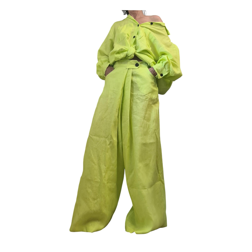 Lime Linen Drop Crotch Pants Womens Avant Garde Harem Trousers Designer Clothing