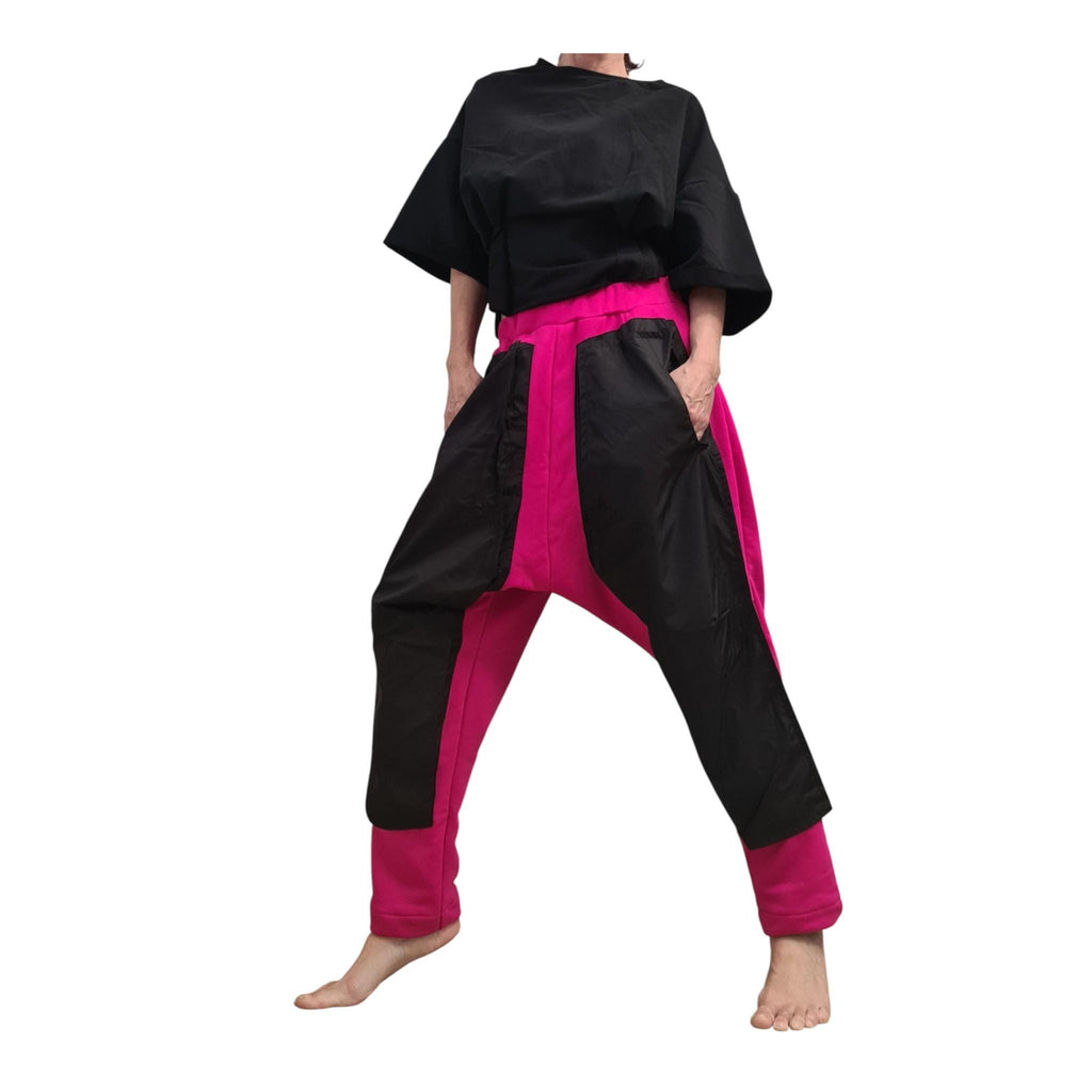 Fuchsia Harem Pants, Black Cargo Pockets, French Terry Tapered Leg Joggers