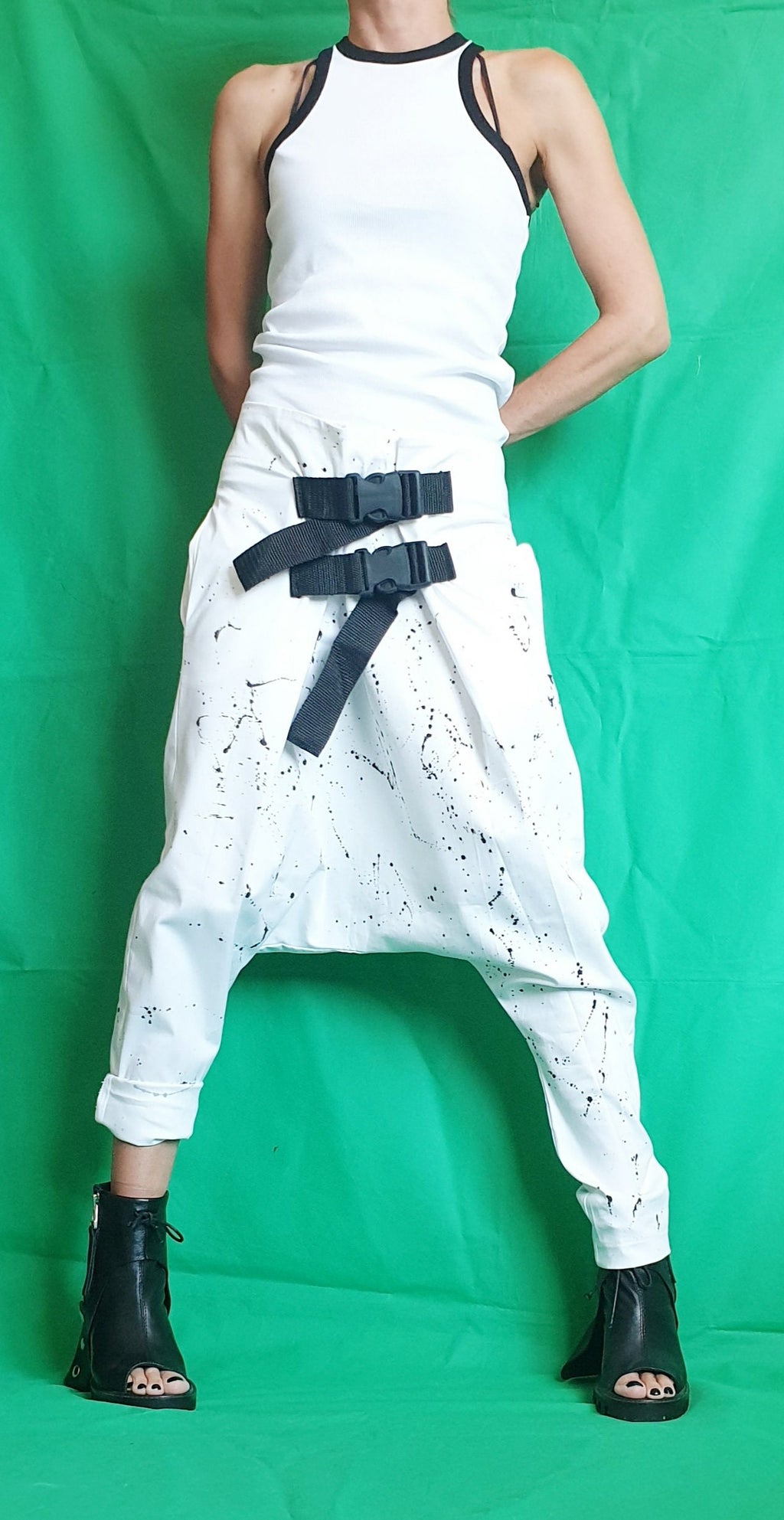 White Cotton Harem Pants, Drop Crotch Trousers, Decorative Buckles, Tapered Leg