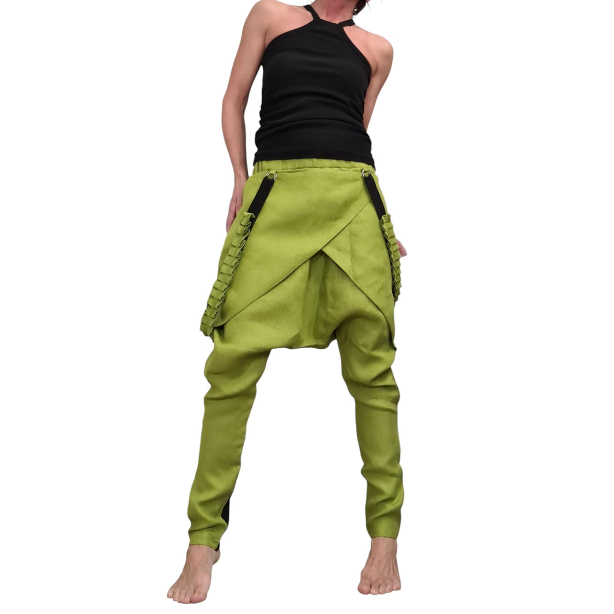 Pistachio Green Linen Pants for Women, Statement Drop Crotch Trousers with Straps, Handmade Clothing