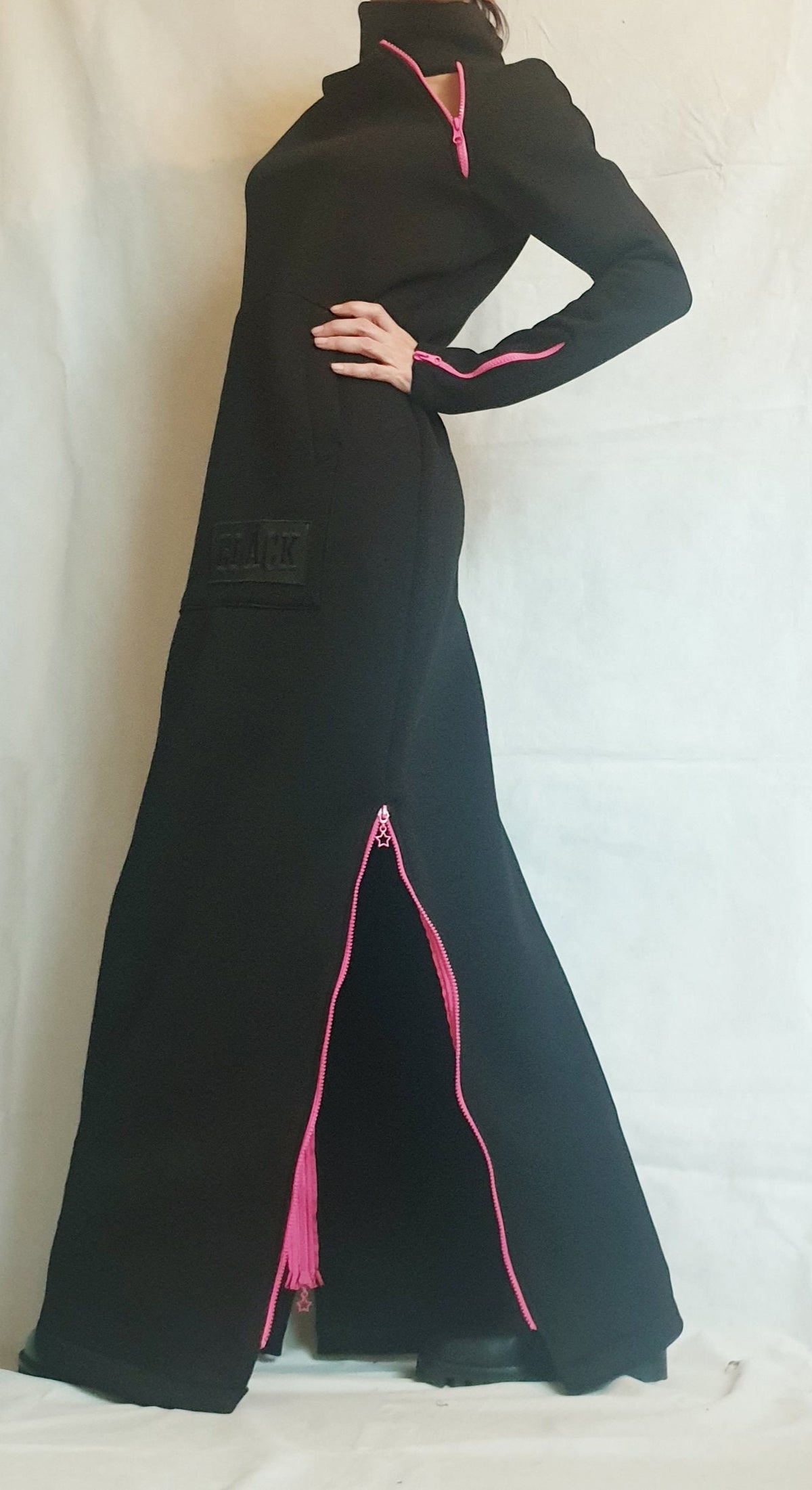 Black Maxi Dress Long Sleeve, Pink Zipper, Handmade Dress for Woman, Plus Size