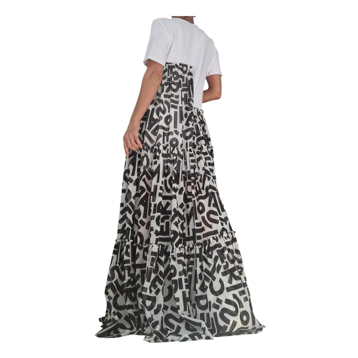Black White Graphic Maxi Dress, Artistic Tiered T-Shirt, Handmade Summer Clothing