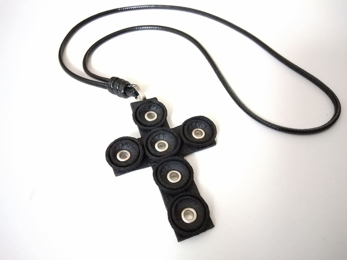 Black Leather Cross Necklace, Gothic Amulet Pendant, Handmade