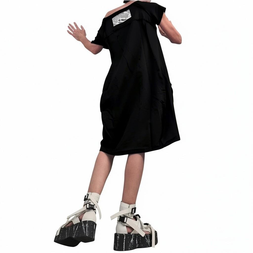 Black Cotton Midi Short Sleeve Dress, Cold Shoulder, Asymmetric Oversized Tunic