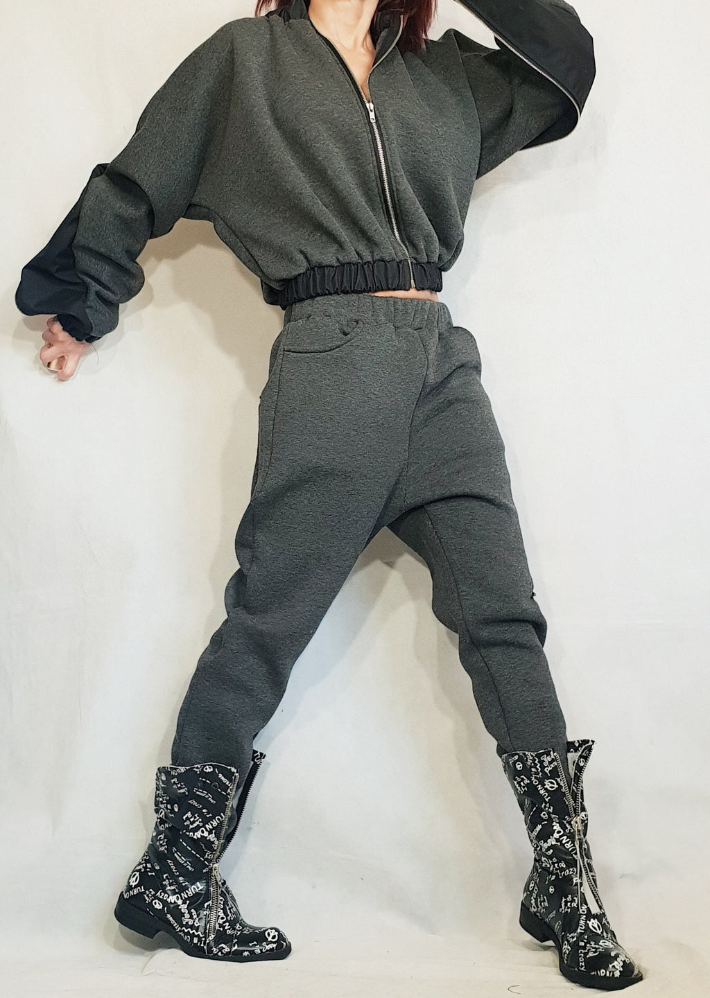 Grey Cotton Drop Crotch Pants, Asymmetrical Cropped Jacket, Black Contrast Panels, Two-Piece Co-Ord Set