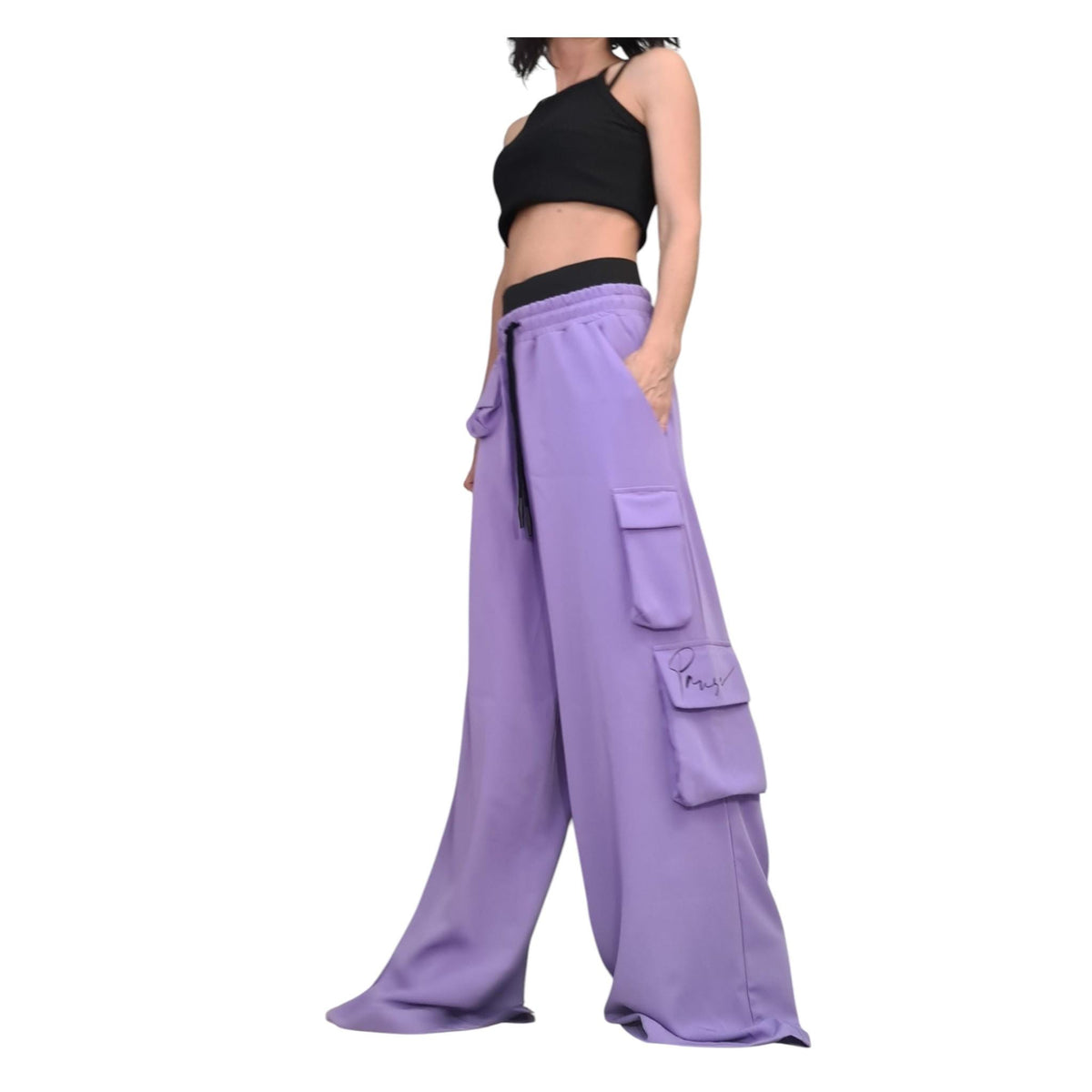 Lavender Cargo Pants, Wide Leg Drop Crotch Trousers, Double Waistband