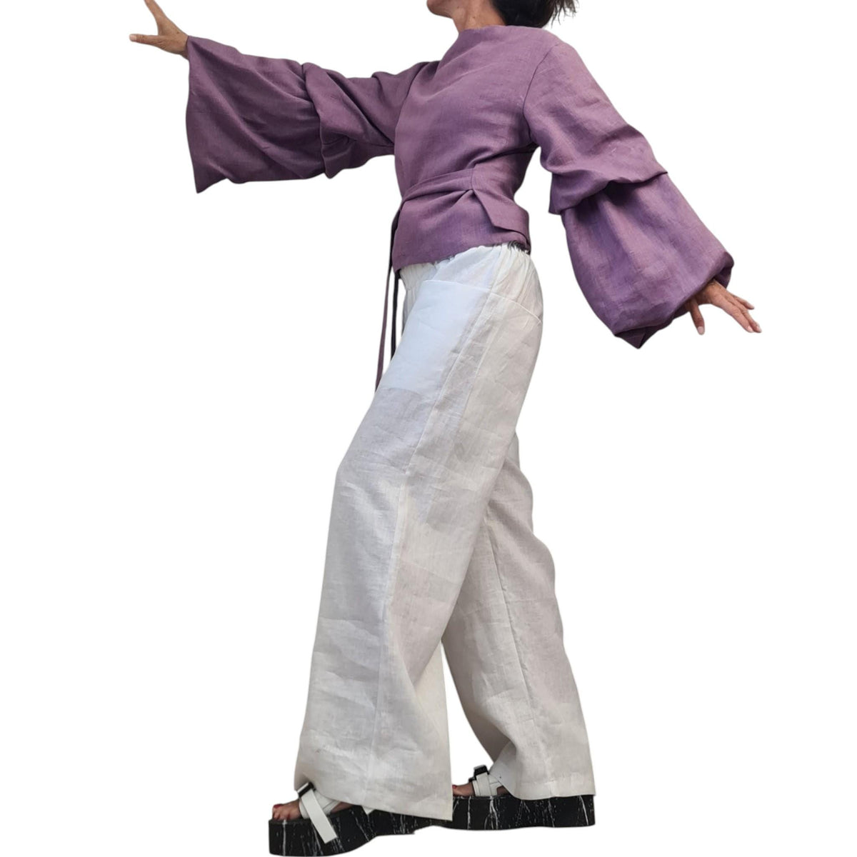 Lavender Linen Wrap Blouse, Reversible Top, Balloon Sleeves, Tie Waist, Oversized Fit, V Neck
