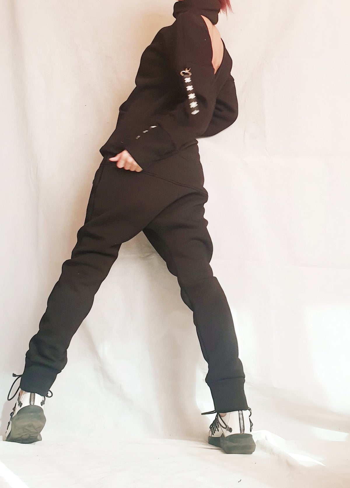 Black Cotton Tapered Drop Crotch Harem Pants, Open Back Blouse, Two Piece Co-Ord Set