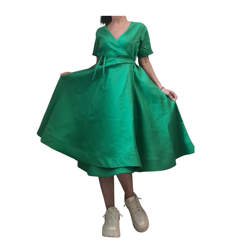Green Linen Wrap Dress for Women, Knee Length, Short Sleeve Plus Size Summer Clothing