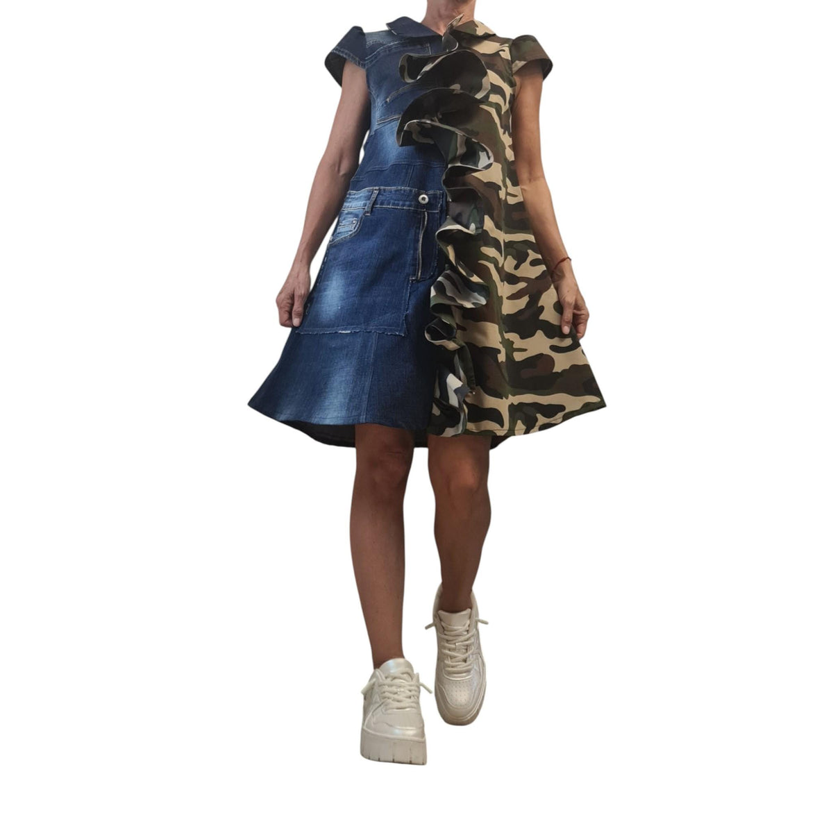 Denim Camouflage Dress, Avant Garde Military Style, Asymmetrical Cotton Outfit, Women’s Fashion
