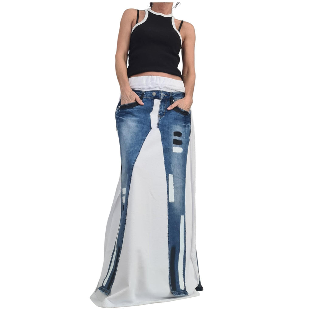 Avant-Garde White Cotton Denim Maxi Skirt, Plus Size Asymmetrical Skirt, Raw Seams, Deconstructed Silhouette
