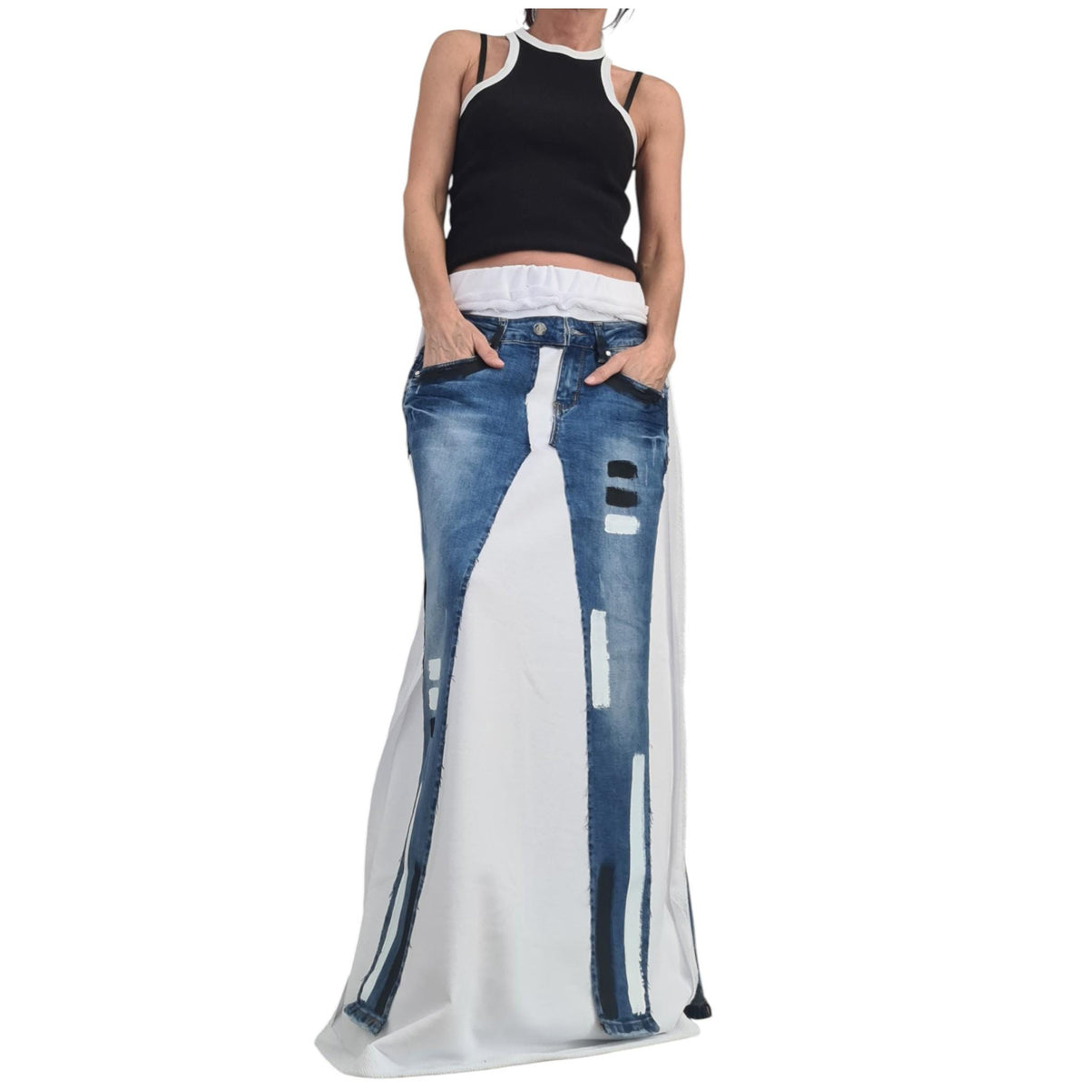 Avant-Garde White Cotton Denim Maxi Skirt, Plus Size Asymmetrical Skirt, Raw Seams, Deconstructed Silhouette