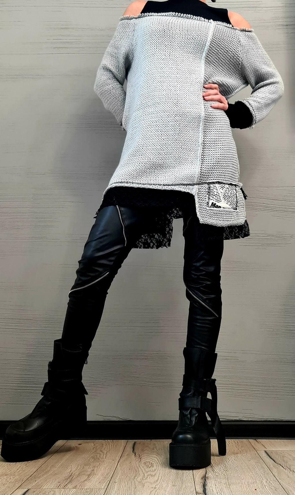 Lime Asymmetric Knitted Tunic, Open Shoulder Blouse, Plus Size Sweater