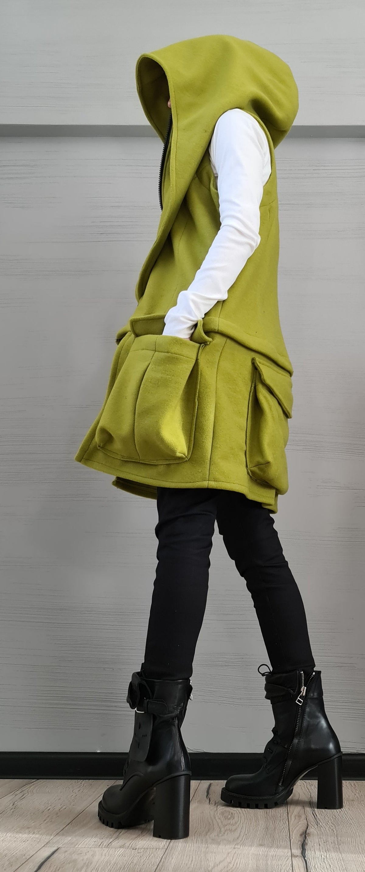 Pistachio Asymmetric Convertible Hooded Vest, Detachable Cargo Pocket Panel, Long or Cropped, Plus Size