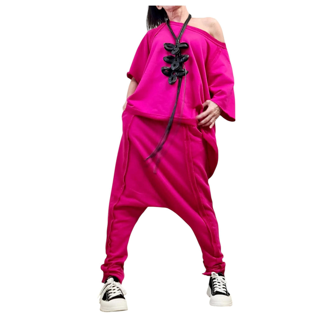 Fuchsia Cotton Drop Crotch Pants, Open Back Off Shoulder Blouse, Two-Piece Co-Ord Set