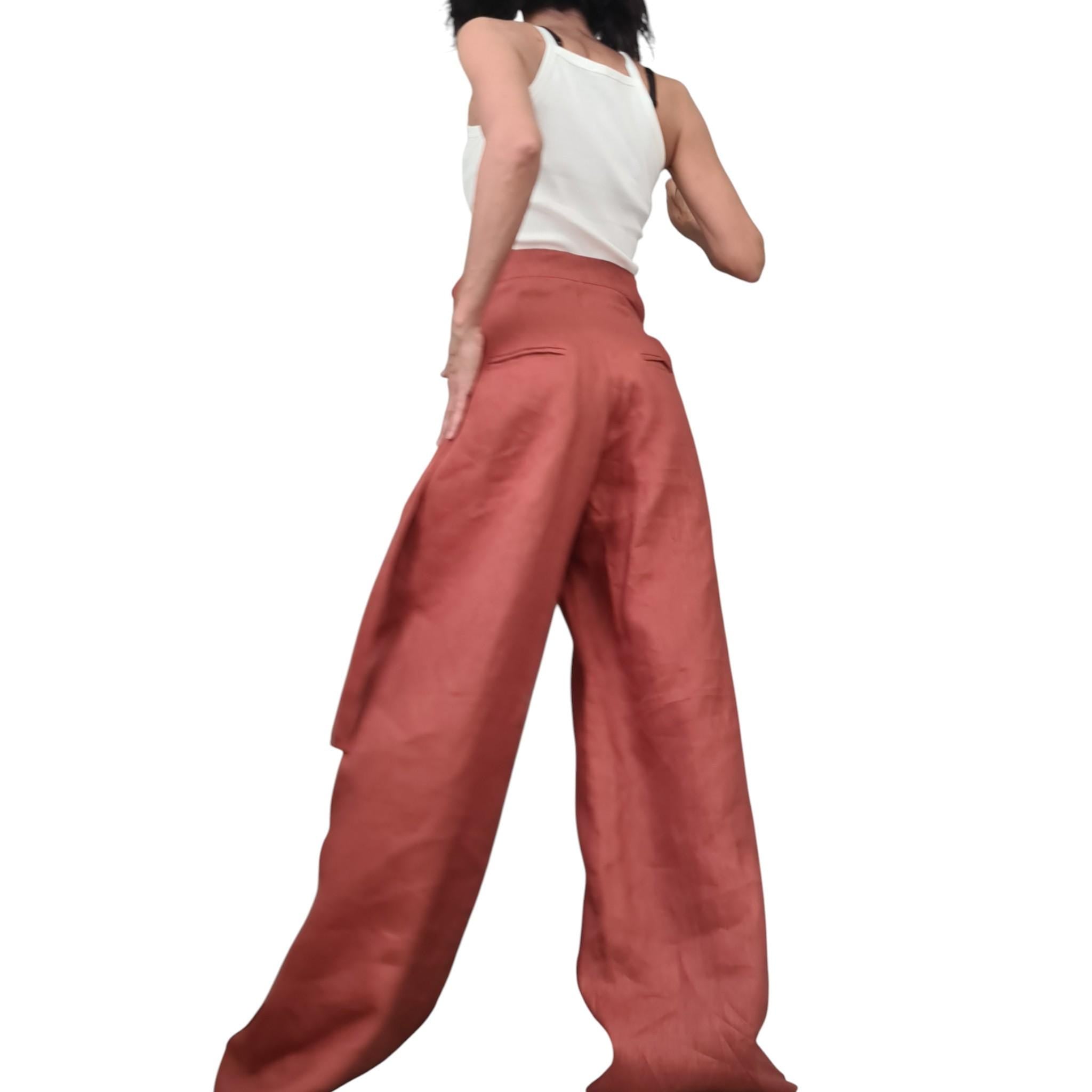 Brick Linen Wide Leg Pants, Adjustable Waist, Asymmetric Slit Avant Garde Trousers