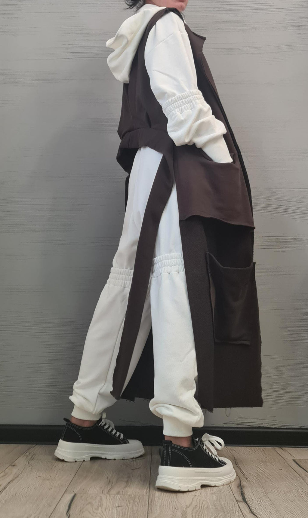 Brown Asymmetric Cotton Vest, Short Back and Long Front, Oversized Patch Pockets, Plus Size