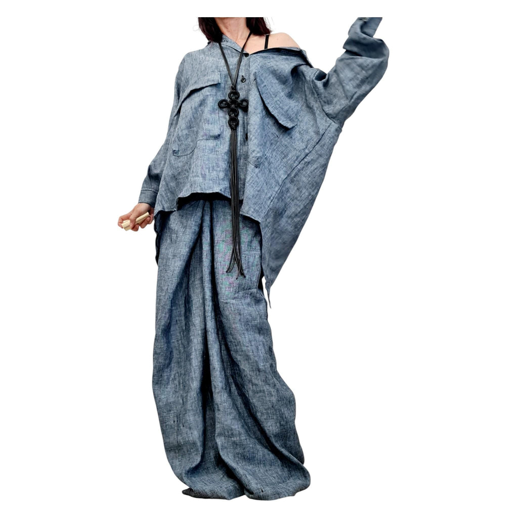 Denim Linen Shirt, Open Back Top, Asymmetric Off Shoulder Blouse, Avant Garde Style