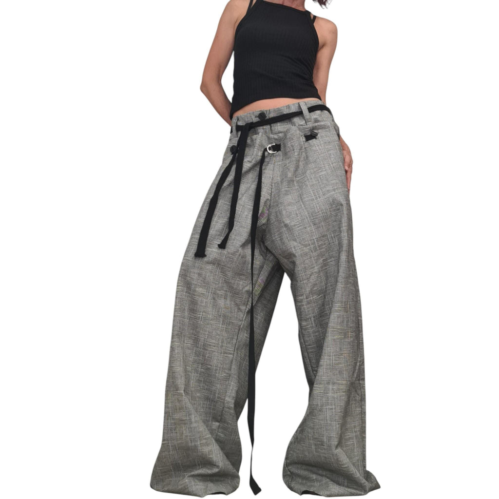 Grey Convertible Linen Pants for Women, 2 in 1 Avant Garde Wide Leg Trousers