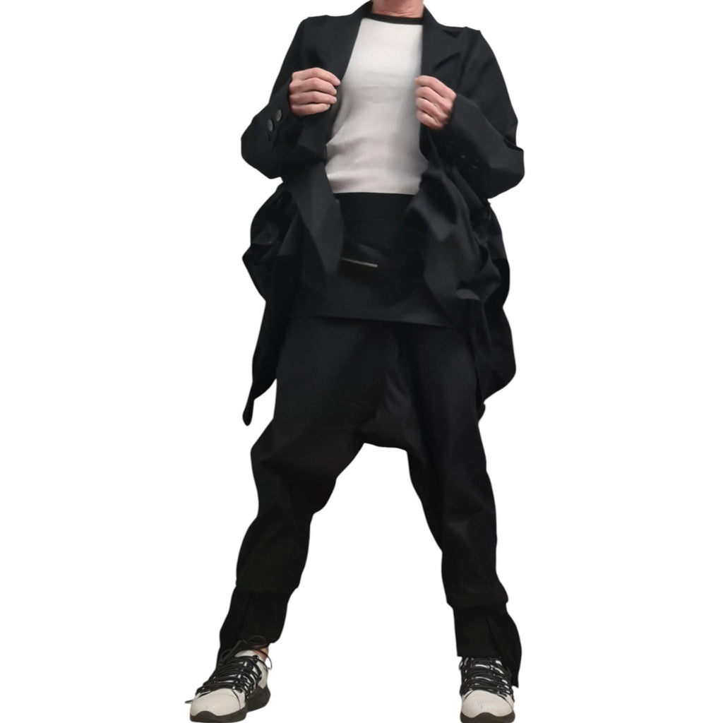 Linen Avant Garde Jacket and Harem Pants Set, Asymmetric Open Back Women's Wear