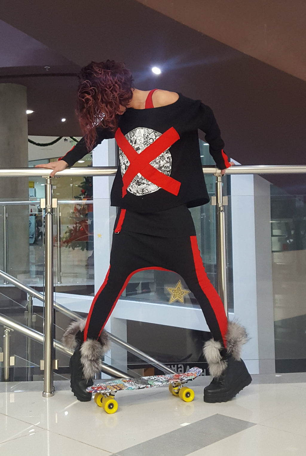 Black Red Cotton Co-Ord Set, Loose Blouse, Drop Crotch Harem Pants, Tapered Leg
