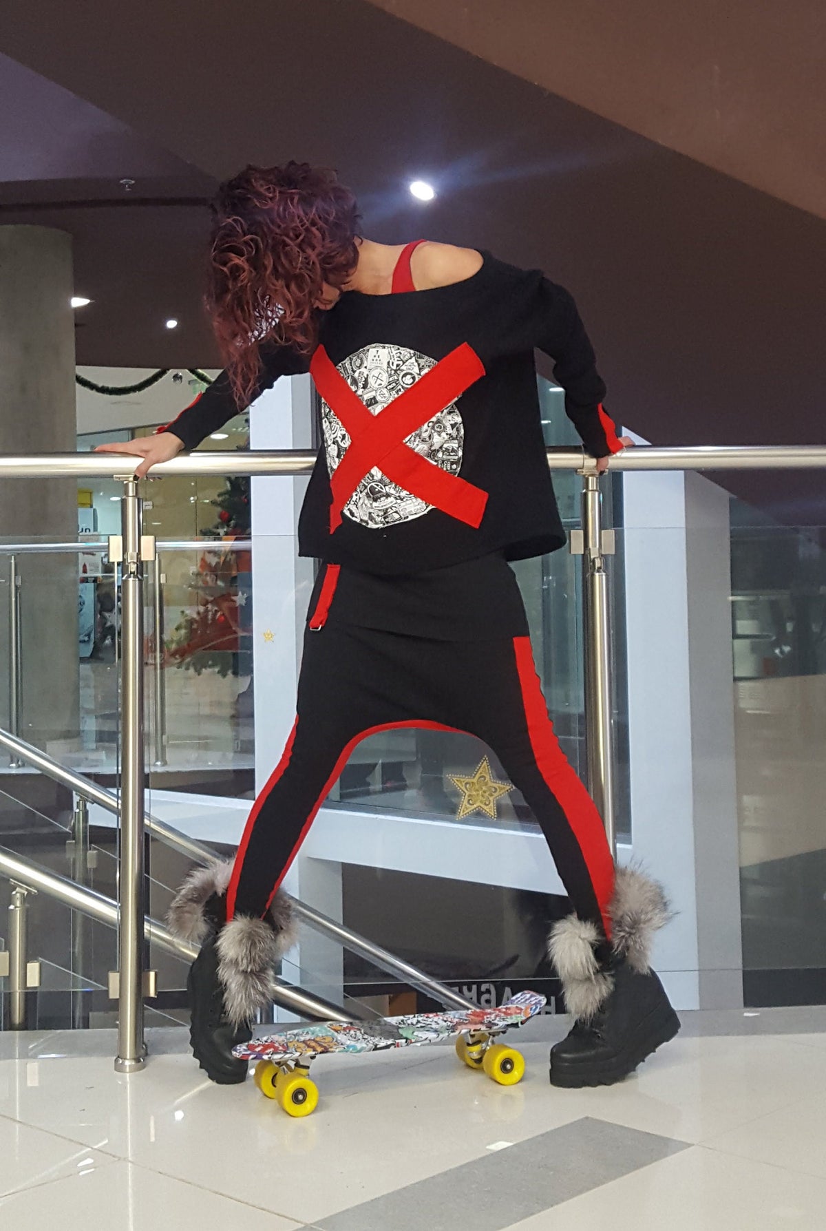Black Red Cotton Co-Ord Set, Loose Blouse, Drop Crotch Harem Pants, Tapered Leg
