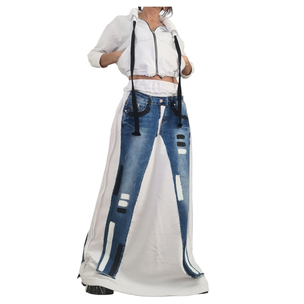 Deconstructed Denim Avant Garde Set, Hooded Short Cotton Sweatshirt, Long Skirt