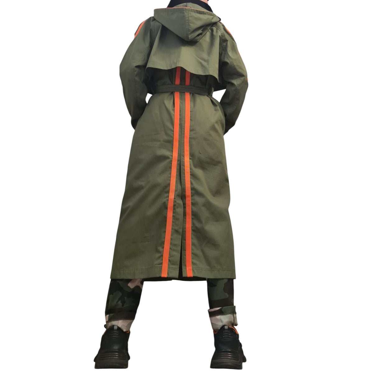 Military Green Hooded Two-Piece Set, Belted Maxi Vest and Cropped Jacket, Orange Stripes