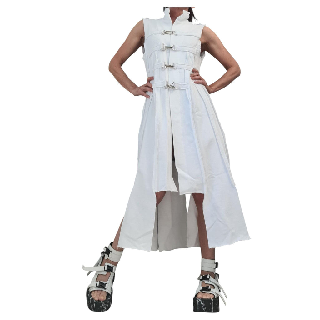 Black Gothic Asymmetric Vest, Long Sleeveless Coat, Buckle Closures, High-Low Hem, Plus Size