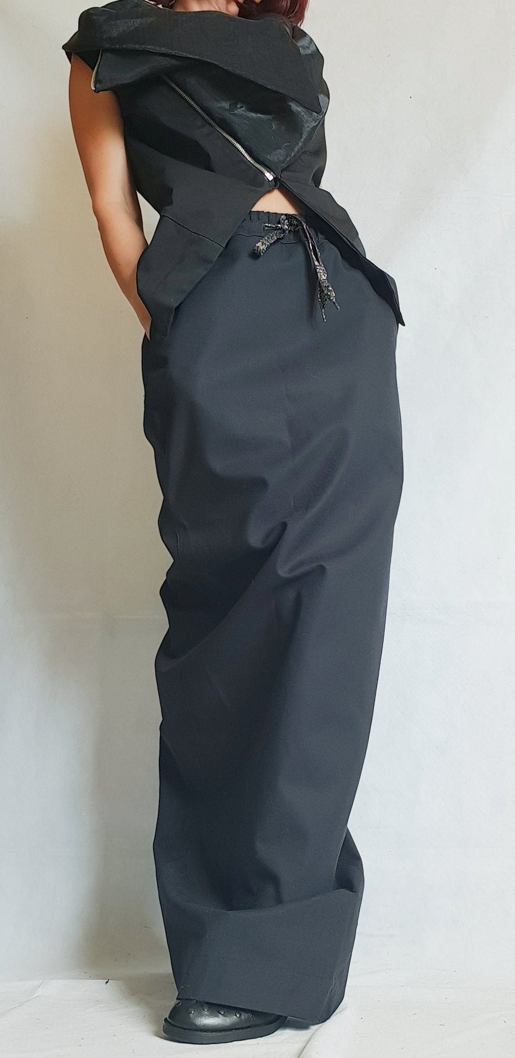 Black Asymmetrical Vest, Sleeveless Fitted Top with Chiffon Collar Detail, Diagonal Zip