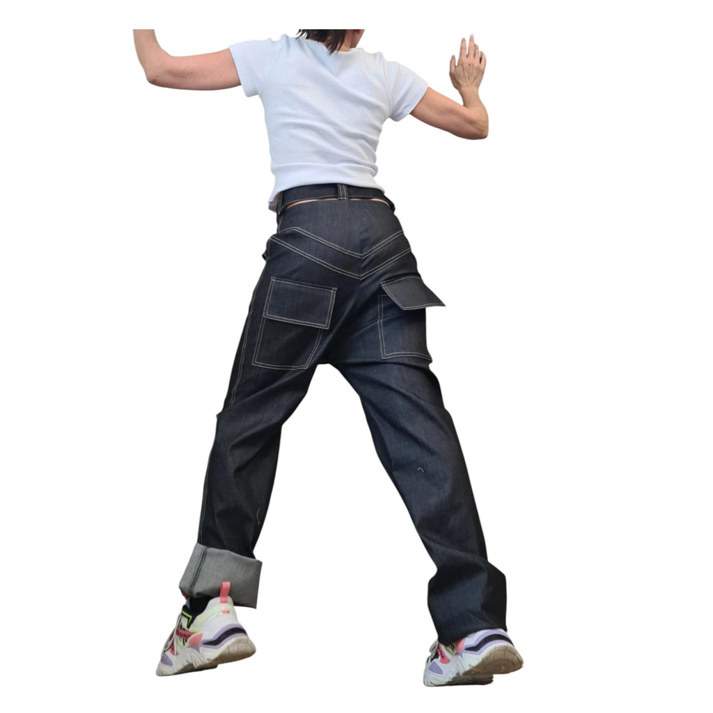 Dark Blue High-Waist Straight-Leg Denim Pants, Avant-Garde Streetwear Trousers
